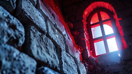 A captivating view of a semi-ruined wall featuring intricate stone textures and an artistic window illuminated by mysterious red light, creating an intriguing atmosphere.の素材