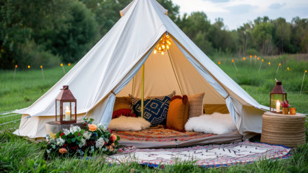 This enchanting glamping scene features a stylish tent adorned with cozy cushions and warm lanterns, set against a tranquil nature backdrop, perfect for relaxation and escape.の素材