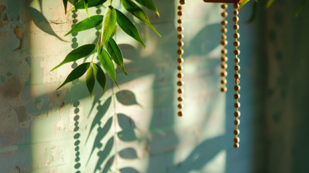 A captivating scene featuring lush green leaves casting intricate shadows on a textured wall, evoking a tranquil indoor atmosphere with natural beauty.の素材