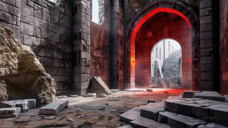 This captivating image showcases an abandoned gothic interior characterized by crumbling stone walls and an ethereal red light. The atmosphere evokes mystery and history.の素材