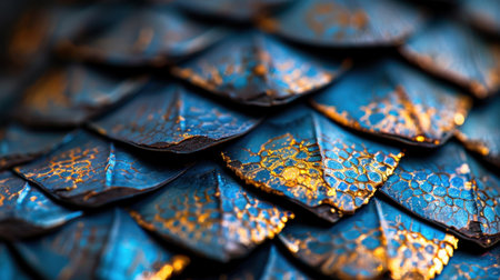 Captivating close-up of vibrant blue and golden fish scales, showcasing intricate texture and details that illuminate the beauty of aquatic life.の素材