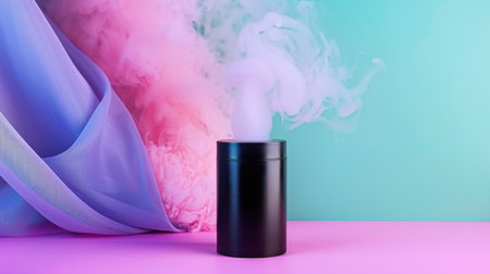 This captivating image features a black cylinder releasing soft smoke against a gradient background of pastel colors, creating an enchanting and tranquil atmosphere ideal for creative projects.の素材