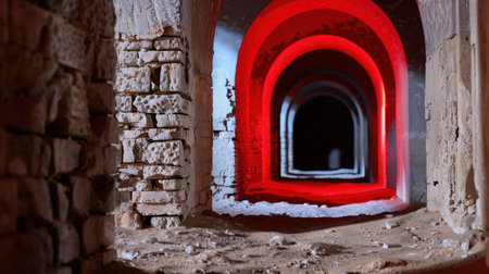 Explore the captivating view of a textured stone passageway with archways lit by striking red lights, creating an eerie and mysterious atmosphere.の素材