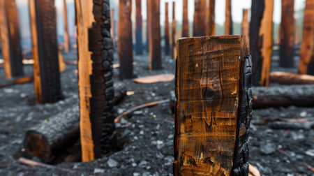 This image captures the stark beauty of a forest scarred by wildfire, featuring charred tree stumps amidst a blackened landscape, highlighting natureの素材