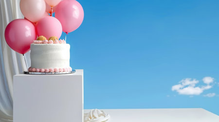 A beautifully decorated cake sits on a white pedestal, surrounded by colorful balloons under a clear blue sky, perfect for any festive occasion or celebration.の素材