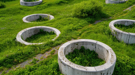 Aerial view of abandoned concrete circles nestled within vibrant green grass, showcasing a unique blend of nature and structure, creating a serene landscape.の素材