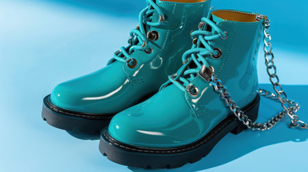 Eye-catching turquoise glossy combat boots with a unique chain detail, perfect for adding a fashionable touch to any outfit. Ideal for trendy fashion enthusiasts.の素材