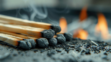 A striking close-up image of matchsticks arranged on a dark surface, with flickering flames and wisps of smoke in the background, creating an abstract and dramatic atmosphere.の素材