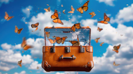 A captivating brown leather suitcase opens to reveal a flurry of orange butterflies dancing in a bright blue sky. This enchanting scene evokes feelings of adventure and transformation, blending travel with the beauty of nature.の素材