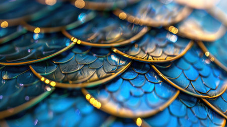 This stunning close-up image showcases vibrant blue and gold scales, featuring intricate textures and captivating patterns, perfect for artistic projects.の素材