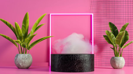 A vibrant modern display featuring a neon frame, green plants, and a smoky black base on a vivid pink background, perfect for creative interior spaces.の素材
