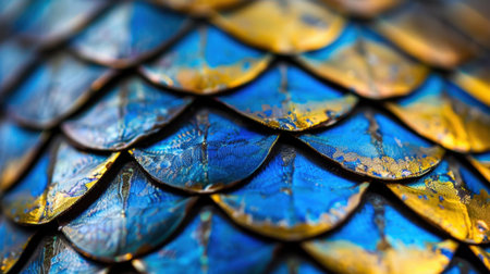 This stunning close-up image captures the intricate textures and vibrant colors of fish scales, showcasing a blend of blue and gold hues. The iridescent qualities reflect light beautifully, highlighting the natural detail and artistic design of aquatic life. Ideal for nature and wildlife themes.の素材