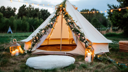 Experience the serene charm of a beautifully decorated glamping tent featuring floral arrangements and ambient lighting, perfect for outdoor gatherings and relaxation.の素材