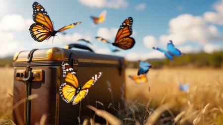 A captivating scene featuring vibrant butterflies fluttering around a vintage suitcase in a golden grass field, evoking themes of travel and freedom.の素材