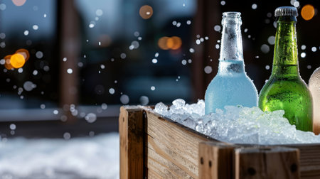 A visually appealing image of refreshing cold drinks nestled in ice, showcasing splashes of water. Perfect for summer events, parties, and outdoor gatherings.の素材