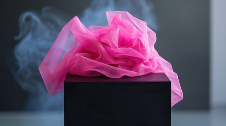 This captivating image showcases vibrant pink fabric elegantly draped over a black square base, surrounded by soft smoke. The striking contrast and delicate texture highlight artistic elements, perfect for creative projects.の素材
