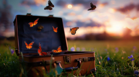 An enchanting photograph showcasing butterflies gracefully emerging from an open vintage suitcase, set against a stunning sunset sky over a field of wildflowers.の素材