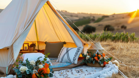 A beautifully decorated glamping tent set in a serene landscape during sunset. The inviting space features floral elements, cozy seating, and a peaceful ambiance perfect for relaxation.の素材