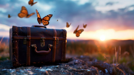 A captivating image of a vintage suitcase surrounded by butterflies at sunset, symbolizing adventure and freedom in a tranquil outdoor setting.の素材