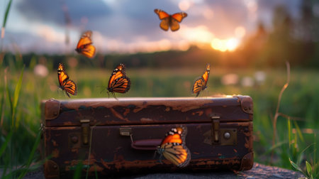 An antique suitcase rests in a vibrant green meadow, surrounded by graceful butterflies in flight during a stunning sunset. This enchanting scene captures the essence of nature, travel, and transformation, evoking feelings of nostalgia and adventure.の素材