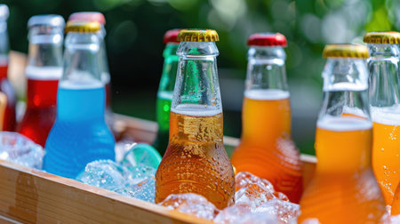 A vibrant display of assorted bottled beverages sits in ice, perfect for summer gatherings and outdoor celebrations, radiating freshness and enjoyment.の素材