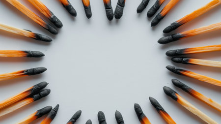 A stunning circular display of matches featuring sharp black tips and vibrant orange sticks, set against a neutral background for striking contrast.の素材