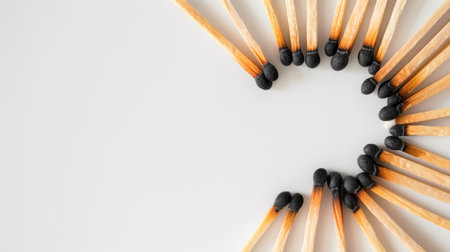 This image features an artistic arrangement of matches on a clean surface, showcasing unique shapes and shadows. The minimalist design emphasizes creativity and contrast in everyday objects.の素材