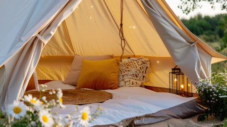 A cozy glamping tent showcases soft cushions and warm fairy lights, surrounded by flowers, offering a serene outdoor escape in nature's beauty.の素材