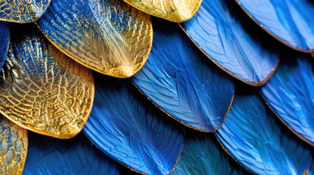 This stunning close-up showcases the vibrant blue and gold textures of fish scales, perfect for nature-inspired projects or design applications.の素材