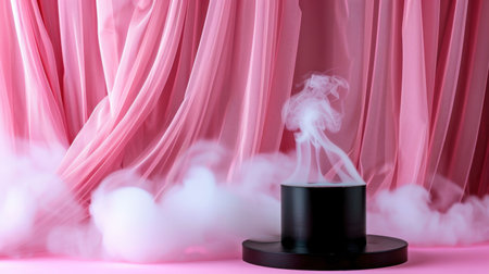 A captivating image featuring calming smoke flowing from a black cylinder against a soft pink fabric backdrop. The swirling fog creates an elegant atmosphere.の素材