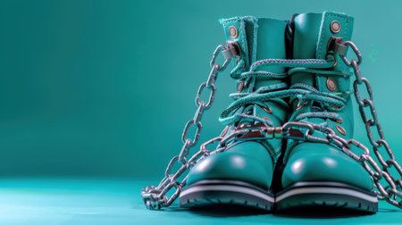 These stylish turquoise boots bound with chains against a soft aqua backdrop create a striking visual. Perfect for themes of fashion, security, and freedom, they symbolize uniqueness and boldness.の素材