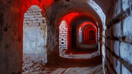 This captivating image features an underground tunnel illuminated by red lights, showcasing brick walls and arches. The eerie atmosphere invites exploration and imagination.の素材