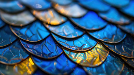 This stunning image captures a vibrant pattern of blue and golden scales, showcasing rich textures and colors found in nature. The intricate details evoke the allure of marine life, offering a captivating visual experience.の素材
