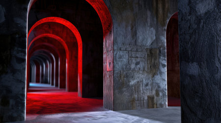 This captivating image features a series of arched concrete doorways illuminated by dramatic red light, creating a unique and eerie atmosphere perfect for artistic projects.の素材