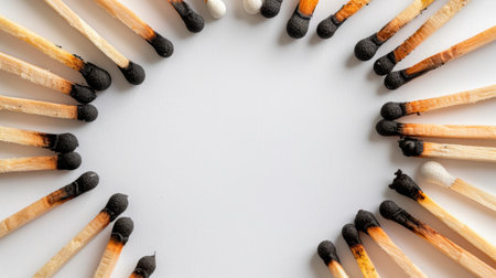 A captivating circular arrangement of wooden matches showcases varied burnt tips on a plain background. Perfect for creative and minimalistic projects.の素材