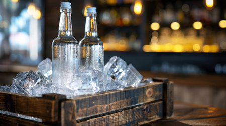 Two bottles of sparkling water are elegantly presented in a rustic wooden box filled with ice cubes, creating a refreshing atmosphere for gatherings.の素材