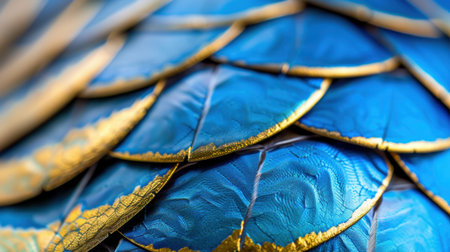 This image showcases a stunning close-up of a vibrant blue and gold decorative scale pattern, revealing intricate textures and shimmering finishes ideal for artistic projects.の素材