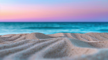 Experience the tranquility of a beautiful beach scene featuring soft sand and gentle ocean waves under a stunning sunset sky. Relax and unwind.の素材