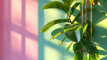 A beautiful indoor plant with lush green leaves gently rests against a colorful wall, capturing natural light and casting soft shadows, enhancing home decor.の素材