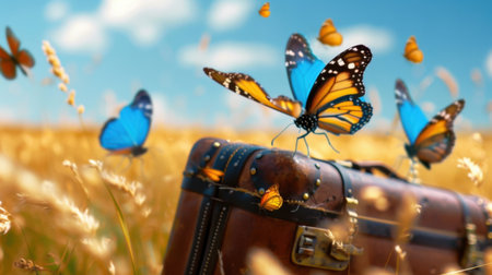 A vintage suitcase sits in a beautiful golden field, surrounded by vibrant butterflies. The scene captures the essence of adventure and tranquility in nature.の素材