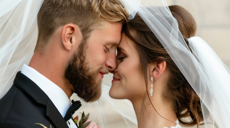A beautifully captured moment of a couple sharing an intimate embrace on their wedding day, showcasing their genuine love and tenderness under a soft veil.の素材
