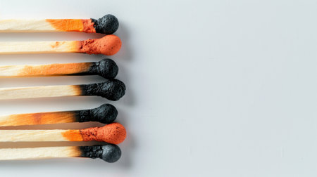A visually striking arrangement of colorful matches showcasing red, black, and orange tips against a minimalistic background, perfect for creative projects.の素材