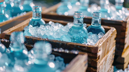 Gathered in a rustic wooden crate, these refreshing blue beverage bottles rest on a bed of ice cubes, evoking a perfect summer vibe.の素材