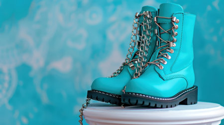 Pair of fashionable turquoise boots adorned with chains, set on a white pedestal against a soft blue backdrop, ideal for showcasing modern footwear trends.の素材