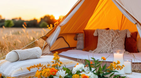 This inviting glamping setup features a stunning tent adorned with cushions and flowers, perfect for outdoor enthusiasts seeking comfort and tranquility.の素材