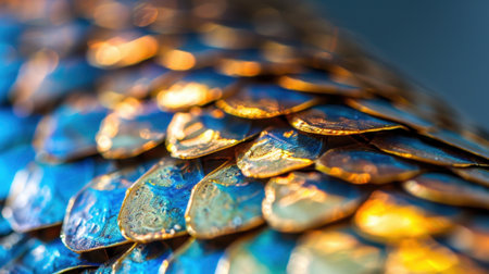 This close-up image beautifully captures the iridescent scales of a creature, highlighting the intricate texture and vibrant colors found in nature.の素材