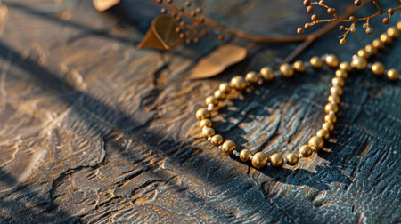 This image features a delicate arrangement of elegant gold beads against a textured background, complemented by natural elements, evoking creativity and beauty.の素材