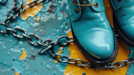 A striking close-up of teal shoes resting on a distressed and colorful surface, intertwined with chains, showcasing urban fashion and artistic flair.の素材
