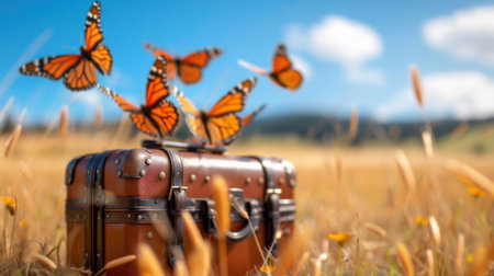 A vintage suitcase sits beautifully in a sunlit meadow, surrounded by orange butterflies fluttering in a bright blue sky, symbolizing freedom and adventure.の素材