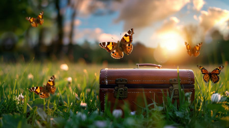 A captivating scene featuring a vintage leather suitcase nestled in a grassy field, surrounded by colorful butterflies as the sun sets, creating a serene atmosphere.の素材